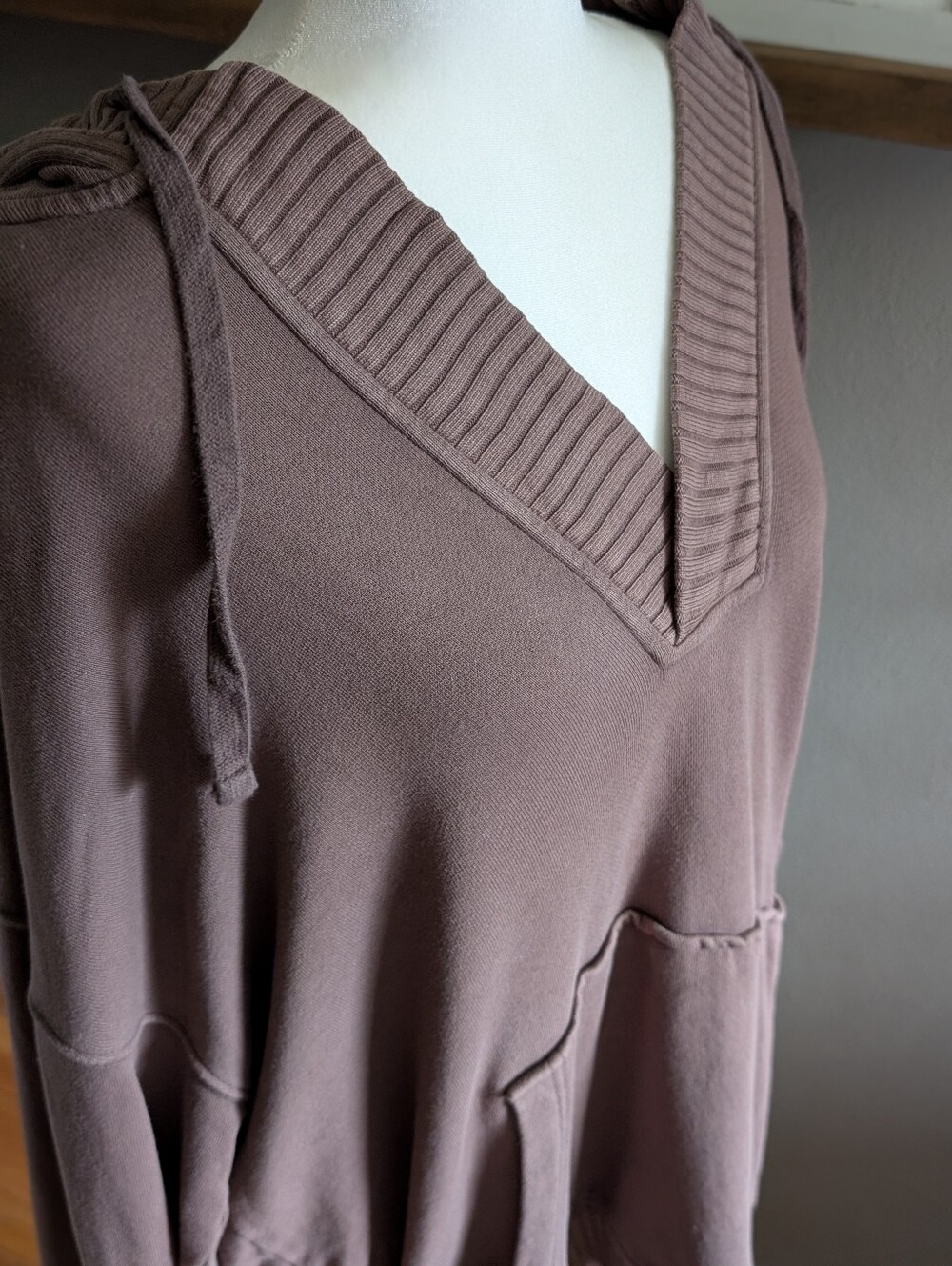 Aerie Large Mocha Brown Oversized Slouchy V-Neck Hooded Sweatshirt Lounge - Picture 2 of 5